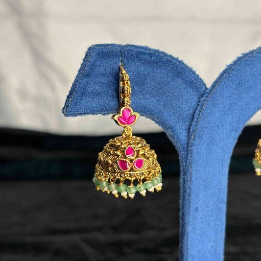 Premium Quality Trendy Hoop Jhumka Jadau Kundan Stone With green Crystal beads J005-CF59