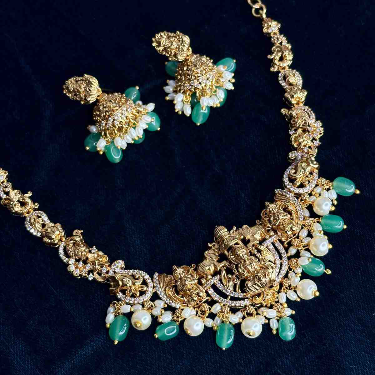 Premium Quality Lakshmi Necklace Peacock & Floral Pattern necklace designed with Ad White,Pearl And emerald hydro beads  N0186-CS85