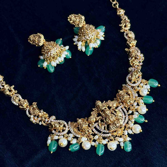 Premium Quality Lakshmi Necklace Peacock & Floral Pattern necklace designed with Ad White,Pearl And emerald hydro beads  N0186-CS85
