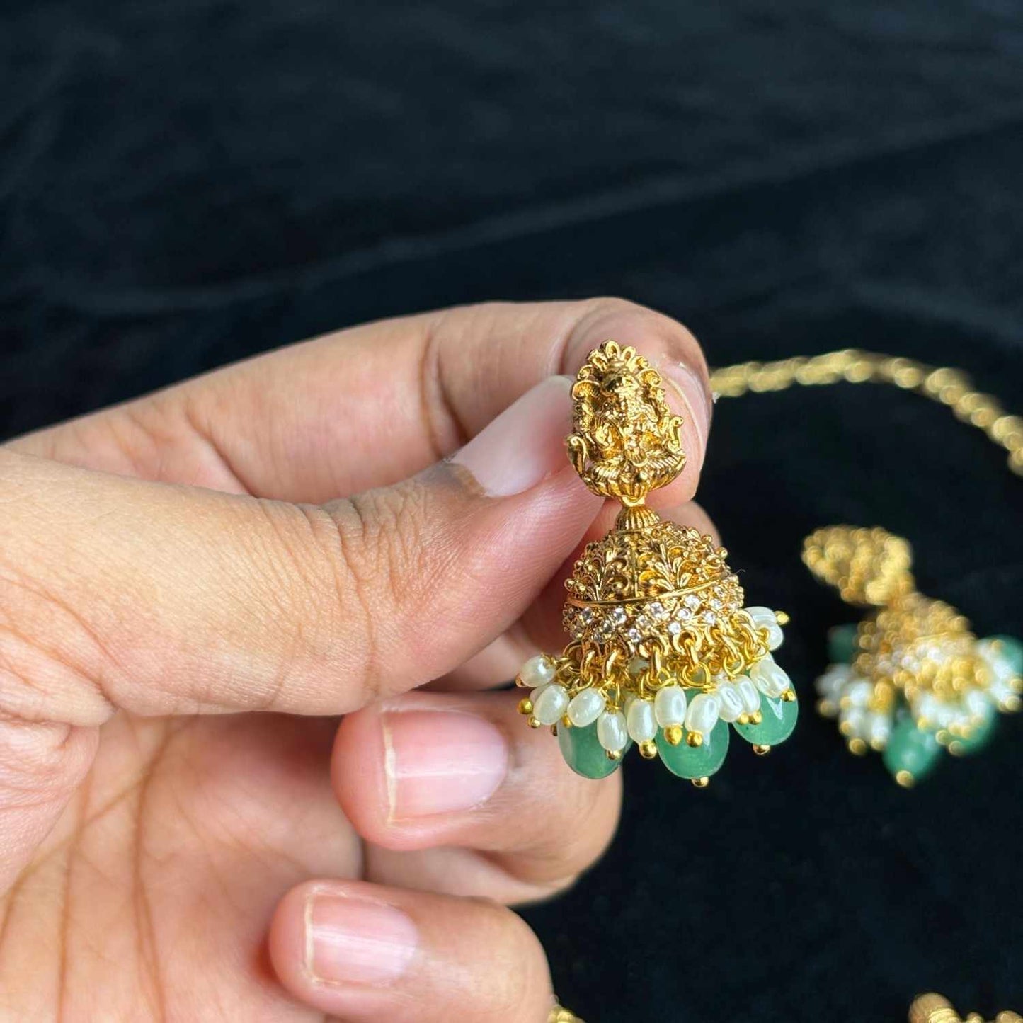 Premium Quality Lakshmi Necklace Peacock & Floral Pattern necklace designed with Ad White,Pearl And emerald hydro beads  N0186-CS85