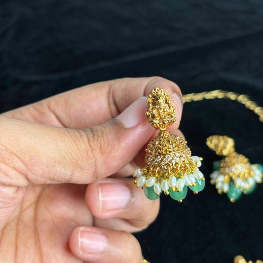 Premium Quality Lakshmi Necklace Peacock & Floral Pattern necklace designed with Ad White,Pearl And emerald hydro beads  N0186-CS85