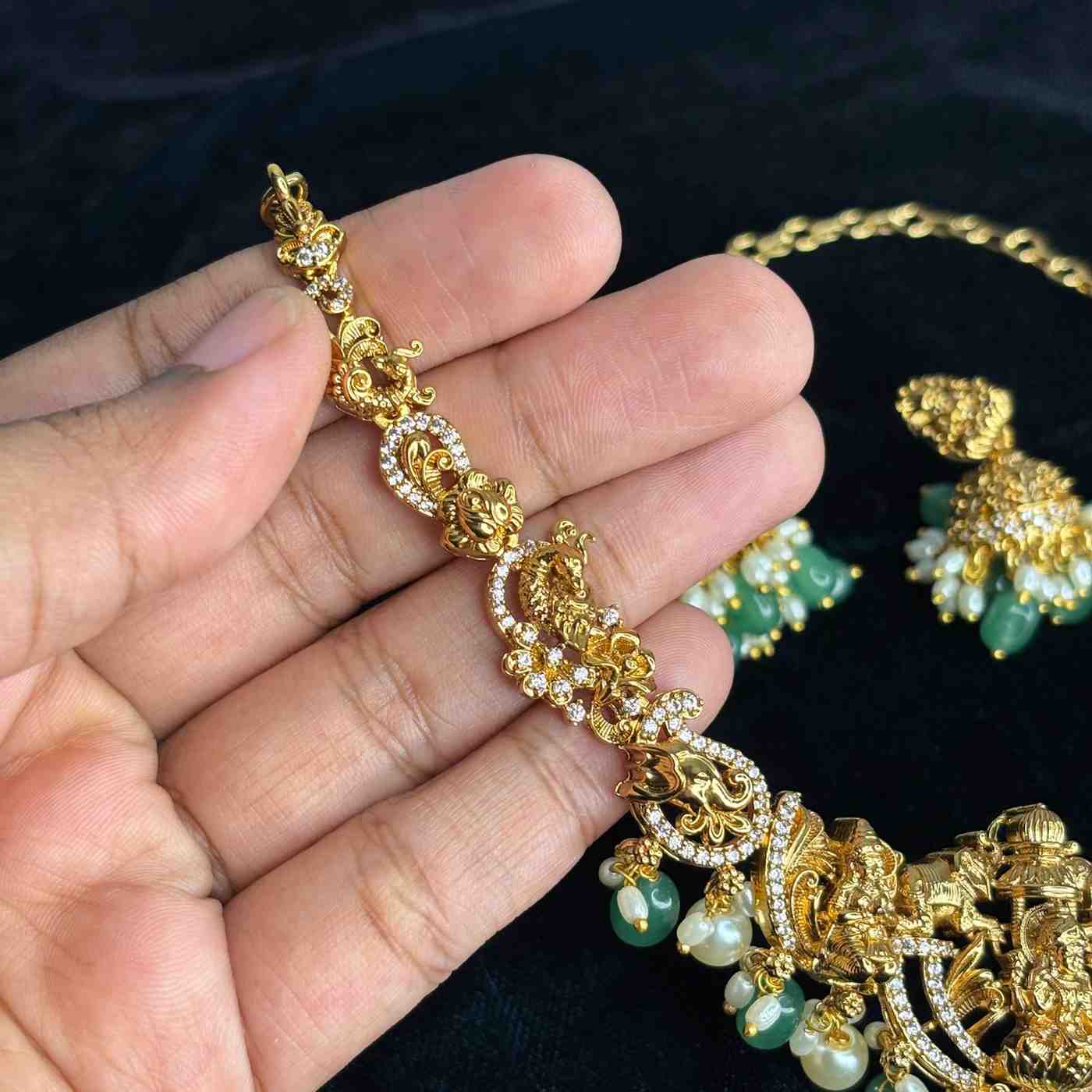 Premium Quality Lakshmi Necklace Peacock & Floral Pattern necklace designed with Ad White,Pearl And emerald hydro beads  N0186-CS85