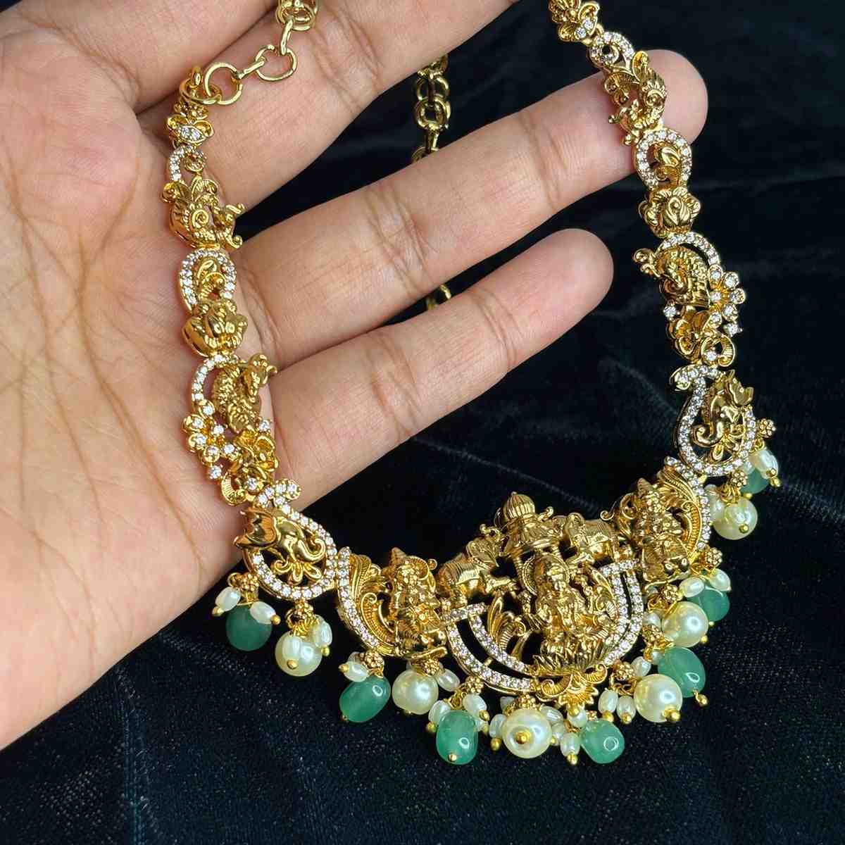 Premium Quality Lakshmi Necklace Peacock & Floral Pattern necklace designed with Ad White,Pearl And emerald hydro beads  N0186-CS85