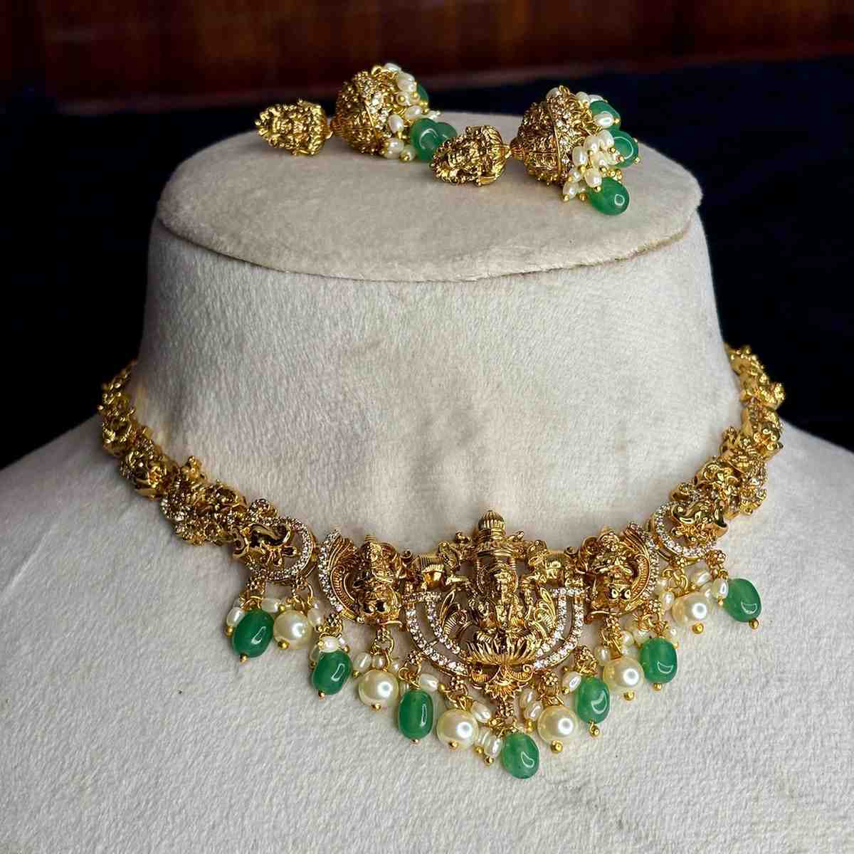 Premium Quality Lakshmi Necklace Peacock & Floral Pattern necklace designed with Ad White,Pearl And emerald hydro beads  N0186-CS85