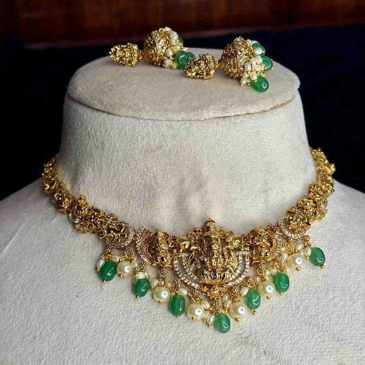 Premium Quality Lakshmi Necklace Peacock & Floral Pattern necklace designed with Ad White,Pearl And emerald hydro beads  N0186-CS85