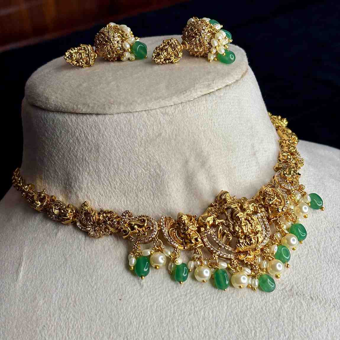 Premium Quality Lakshmi Necklace Peacock & Floral Pattern necklace designed with Ad White,Pearl And emerald hydro beads  N0186-CS85