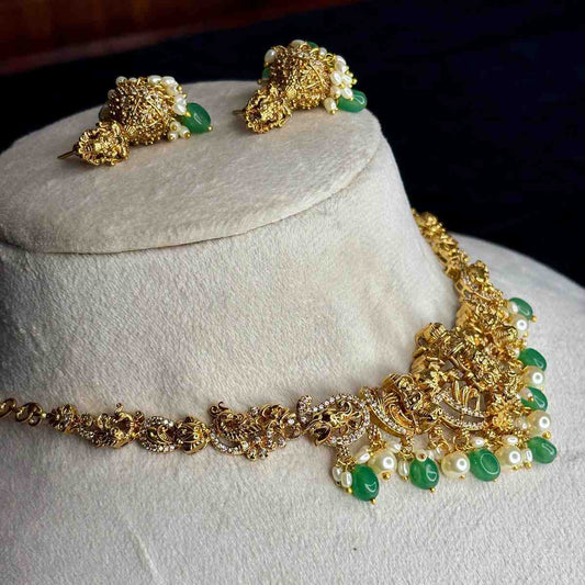 Premium Quality Lakshmi Necklace Peacock & Floral Pattern necklace designed with Ad White,Pearl And emerald hydro beads  N0186-CS85