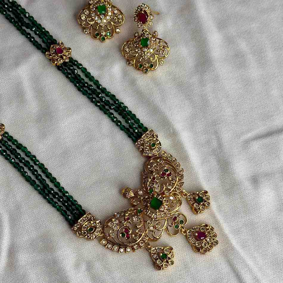 Premium Quality Green Crystal Bead Haram designed AD S tones with Floral Pattern comes with Matching earrings H0049-CS145