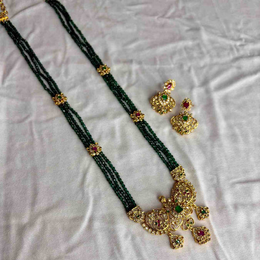 Premium Quality Green Crystal Bead Haram designed AD S tones with Floral Pattern comes with Matching earrings H0049-CS145