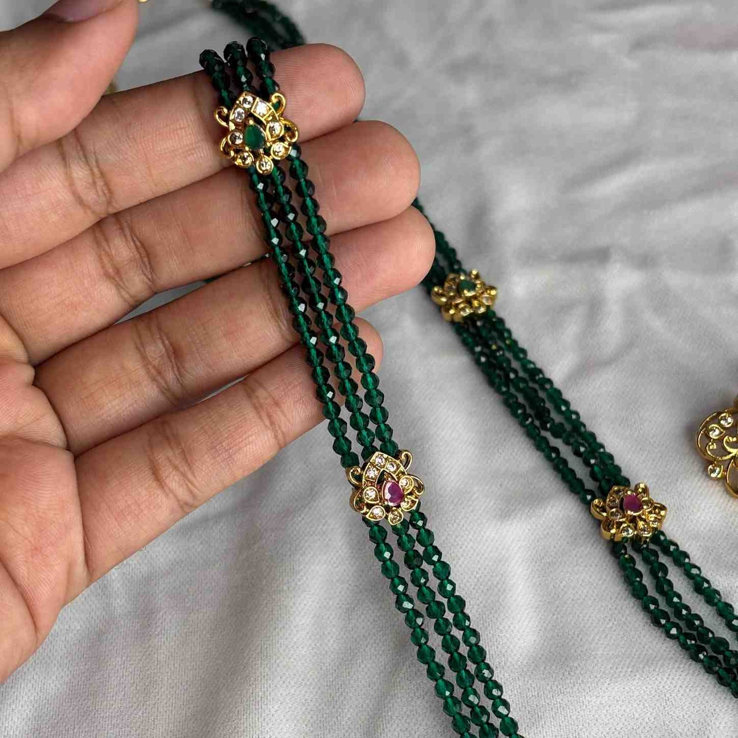 Premium Quality Green Crystal Bead Haram designed AD S tones with Floral Pattern comes with Matching earrings H0049-CS145