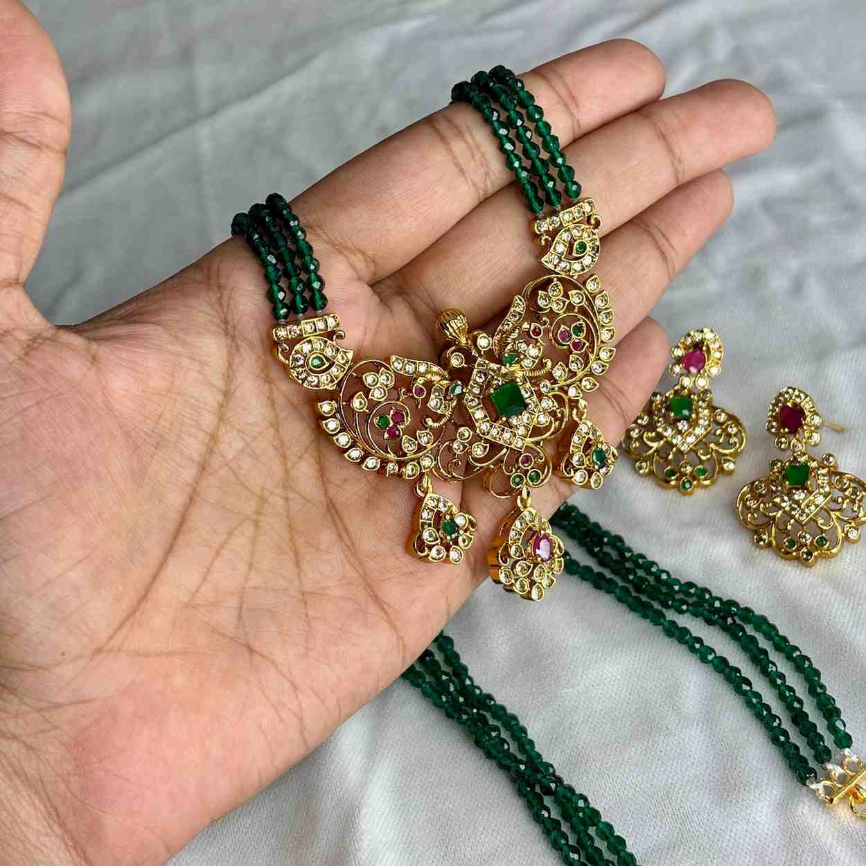 Premium Quality Green Crystal Bead Haram designed AD S tones with Floral Pattern comes with Matching earrings H0049-CS145