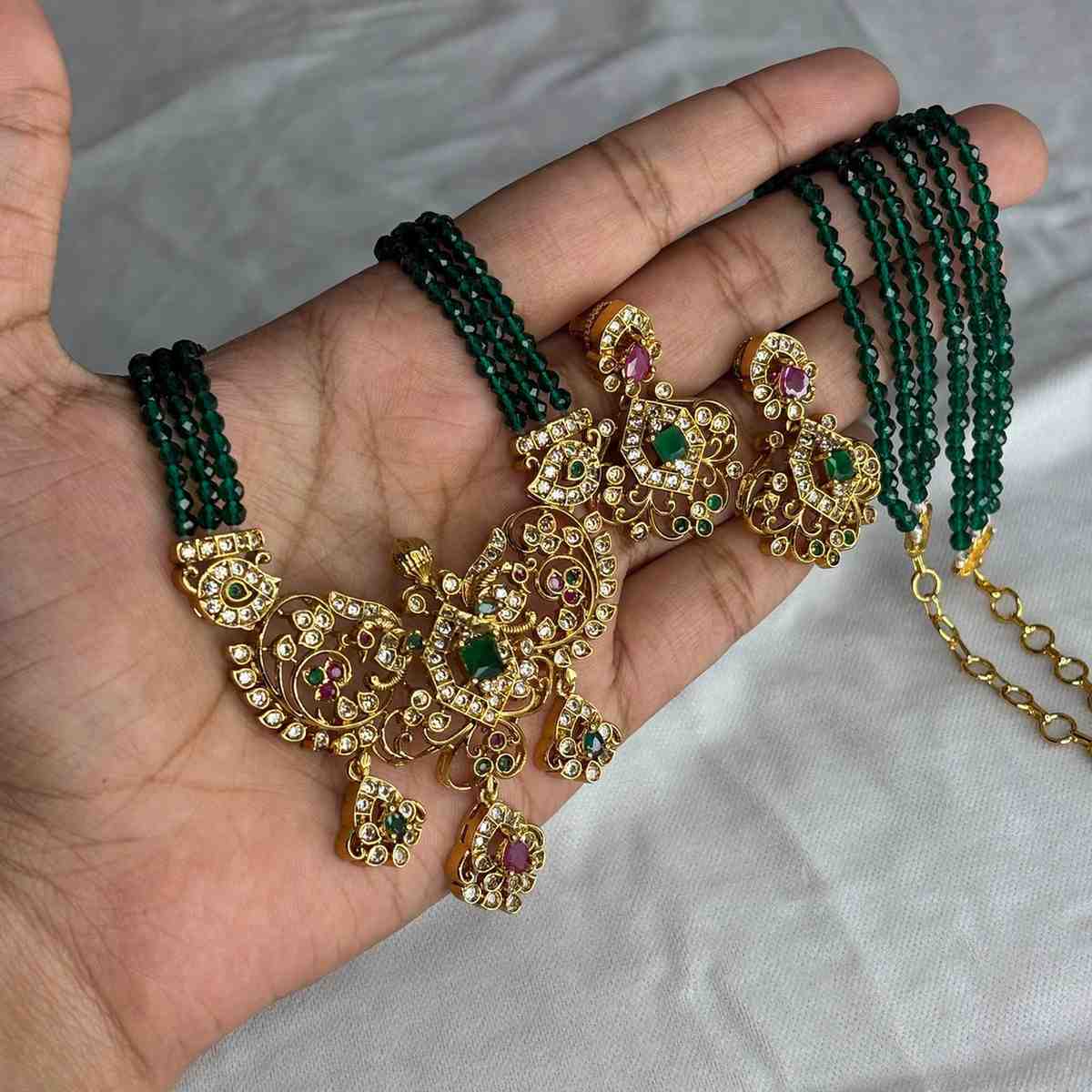 Premium Quality Green Crystal Bead Haram designed AD S tones with Floral Pattern comes with Matching earrings H0049-CS145