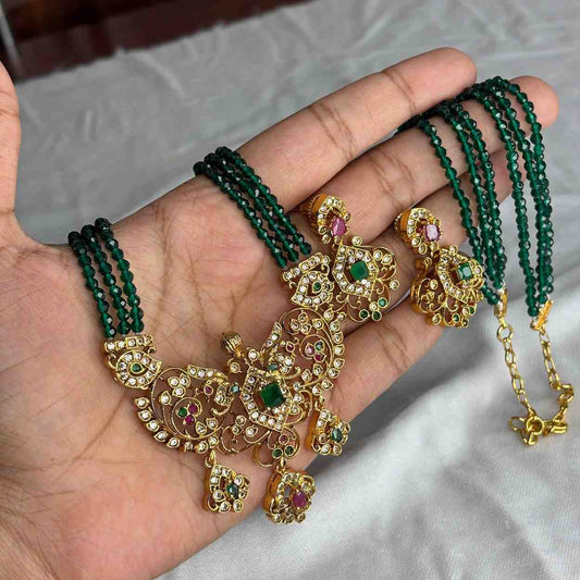 Premium Quality Green Crystal Bead Haram designed AD S tones with Floral Pattern comes with Matching earrings H0049-CS145