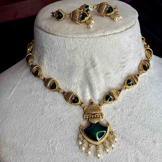 Matte Finish Traditional Palaka Necklace designed with Green Enamel N0191-CD40