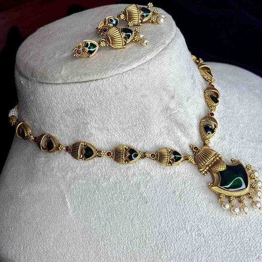 Matte Finish Traditional Palaka Necklace designed with Green Enamel N0191-CD40