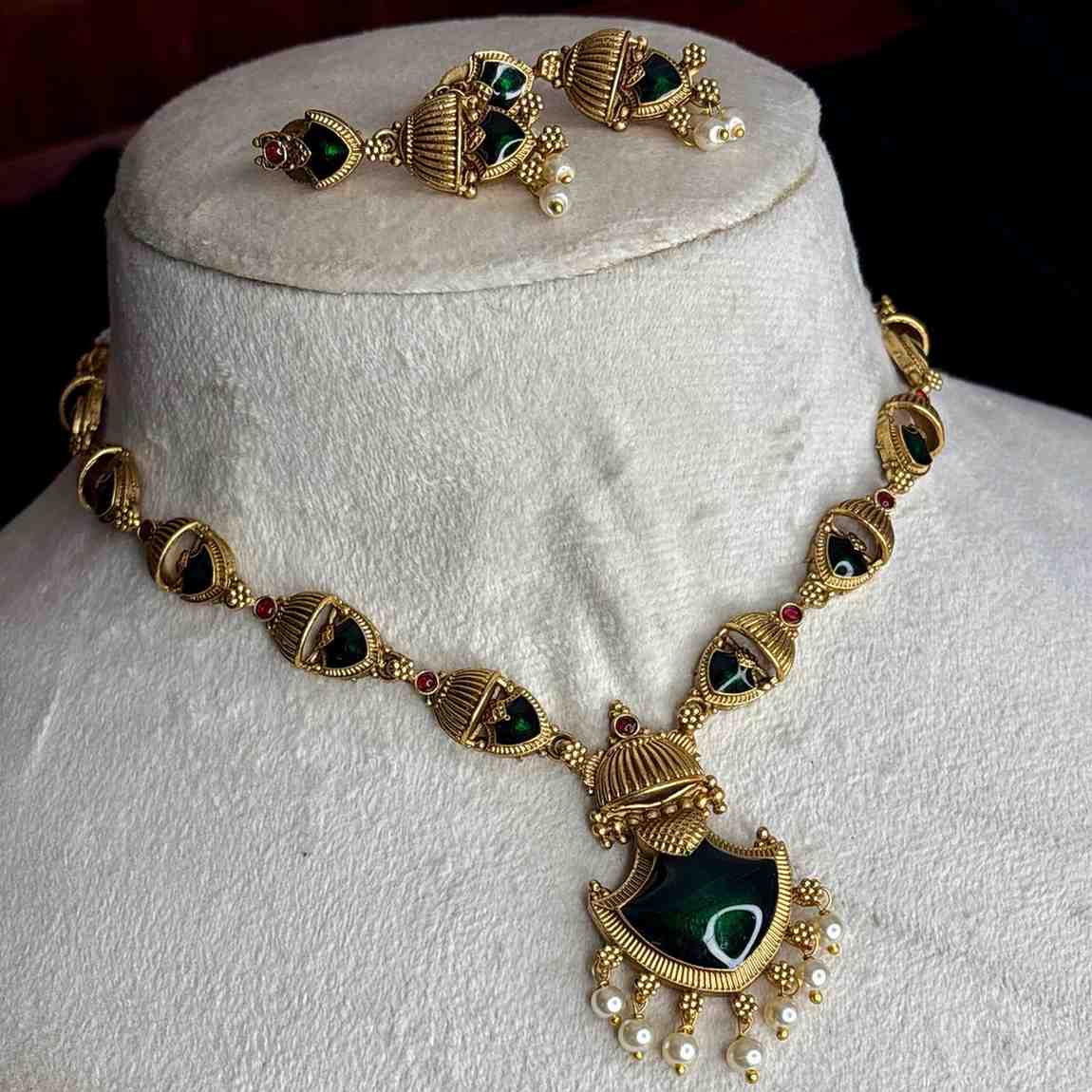 Matte Finish Traditional Palaka Necklace designed with Green Enamel N0191-CD40