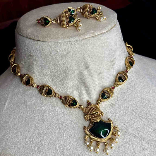 Matte Finish Traditional Palaka Necklace designed with Green Enamel N0191-CD40