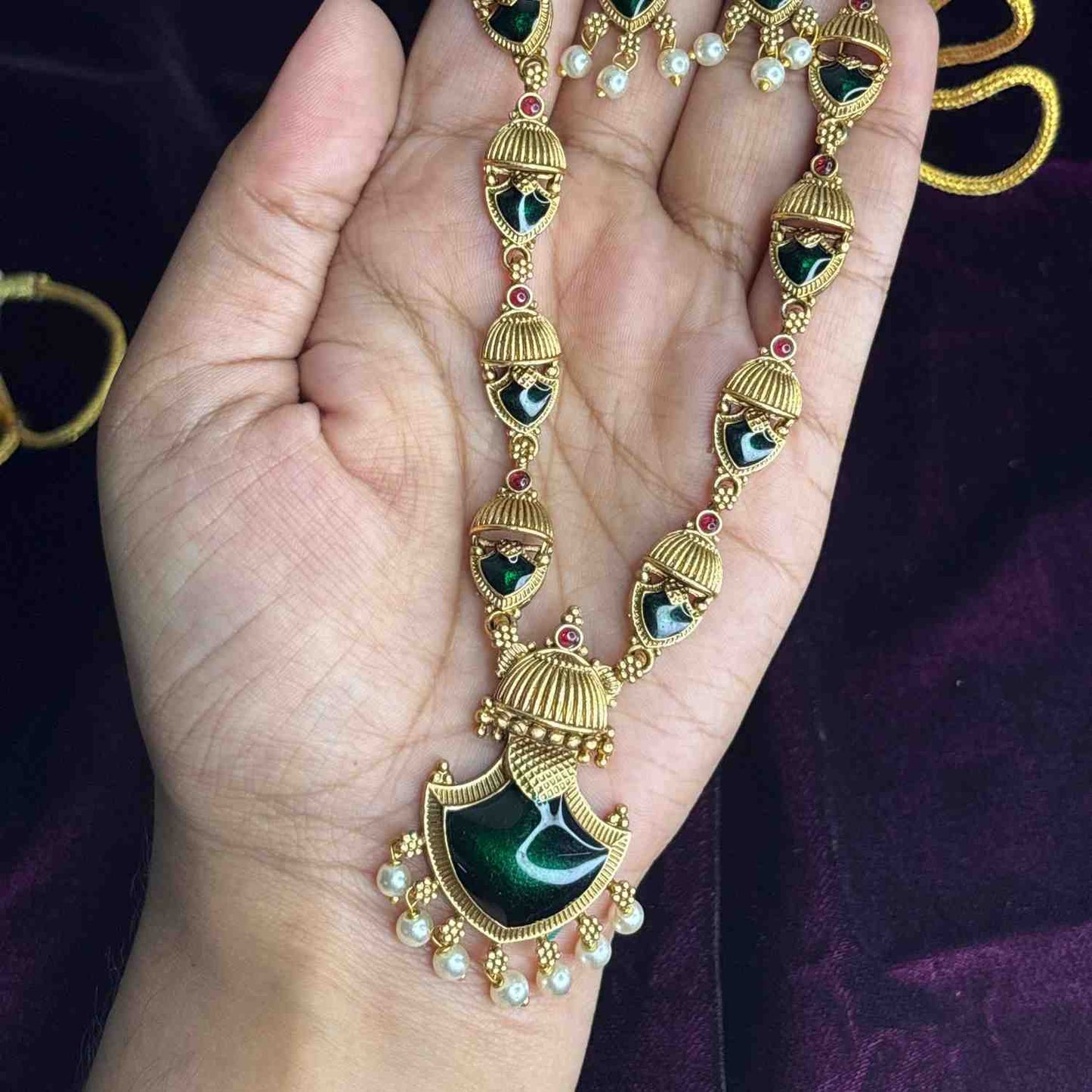 Matte Finish Traditional Palaka Necklace designed with Green Enamel N0191-CD40