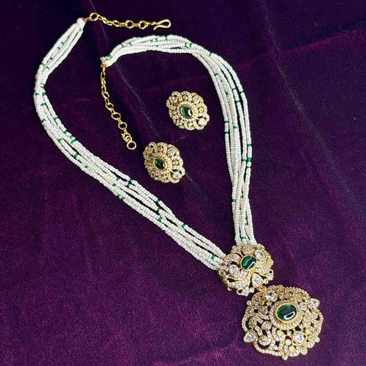 Premium Quality Sugar Bead Chain Middle Length 23 inches Designed with Ad stone Polka diamonds And kemp Stones  N0194-CS68