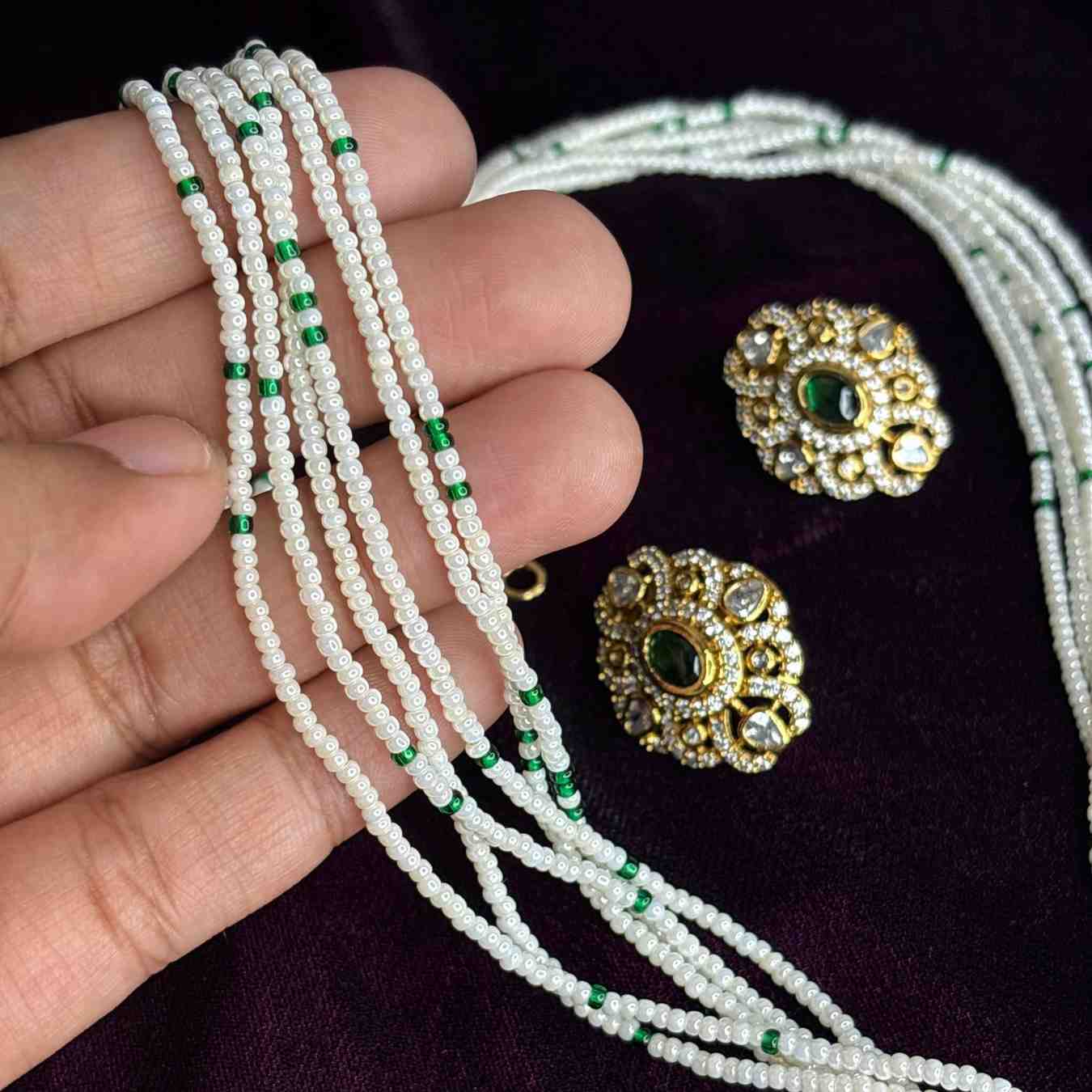 Premium Quality Sugar Bead Chain Middle Length 23 inches Designed with Ad stone Polka diamonds And kemp Stones  N0194-CS68