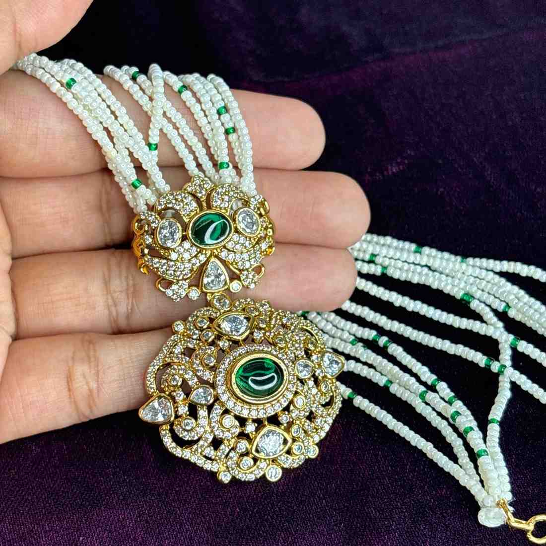 Premium Quality Sugar Bead Chain Middle Length 23 inches Designed with Ad stone Polka diamonds And kemp Stones  N0194-CS68