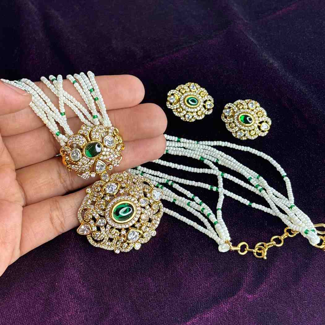 Premium Quality Sugar Bead Chain Middle Length 23 inches Designed with Ad stone Polka diamonds And kemp Stones  N0194-CS68