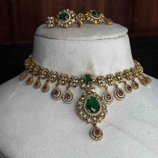 Premium Quality Floral Pattern Emerald color stones And Ruby red American Diamond stones premium necklace N0094-CI109