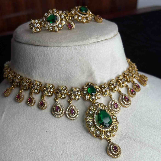Premium Quality Floral Pattern Emerald color stones And Ruby red American Diamond stones premium necklace N0094-CI109