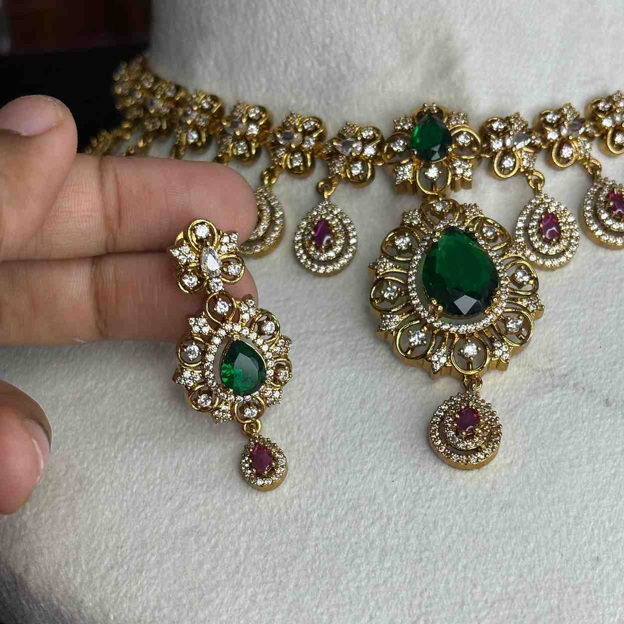 Premium Quality Floral Pattern Emerald color stones And Ruby red American Diamond stones premium necklace N0094-CI109