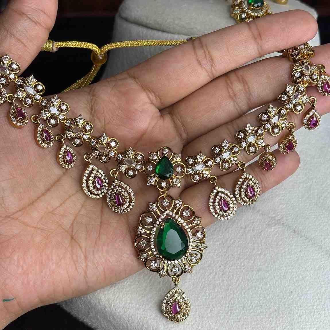 Premium Quality Floral Pattern Emerald color stones And Ruby red American Diamond stones premium necklace N0094-CI109