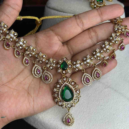 Premium Quality Floral Pattern Emerald color stones And Ruby red American Diamond stones premium necklace N0094-CI109