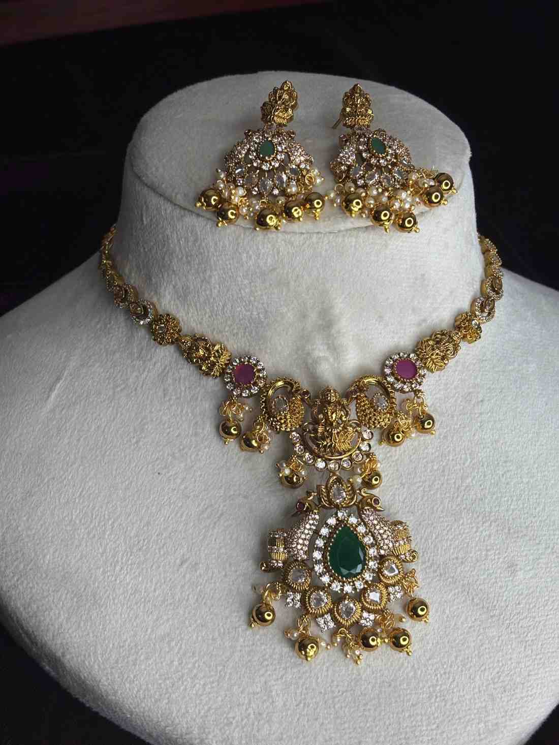 Premium Quality Stone Necklace with Lakshmi Designed with Emerald ruby ad stones on it  N0195-CE95
