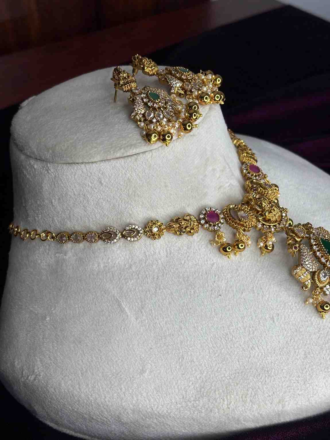 Premium Quality Stone Necklace with Lakshmi Designed with Emerald ruby ad stones on it  N0195-CE95