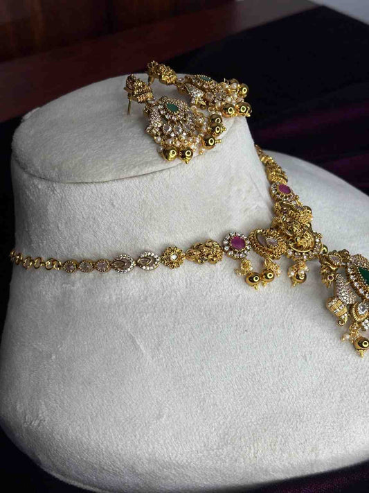 Premium Quality Stone Necklace with Lakshmi Designed with Emerald ruby ad stones on it  N0195-CE95
