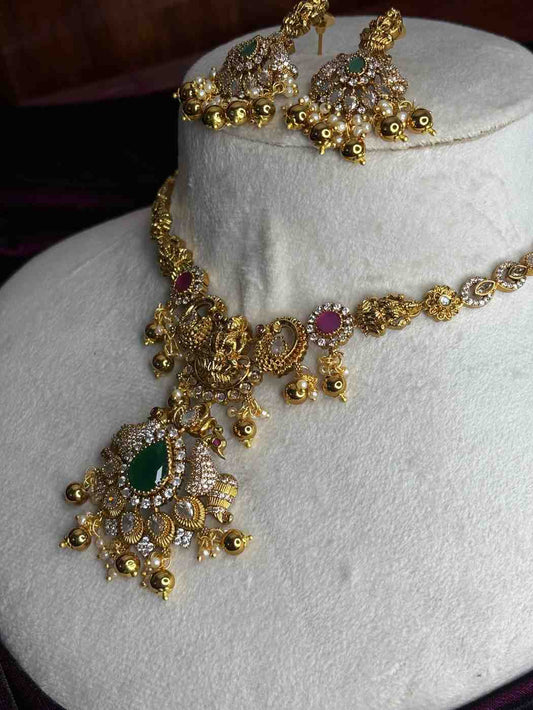 Premium Quality Stone Necklace with Lakshmi Designed with Emerald ruby ad stones on it  N0195-CE95