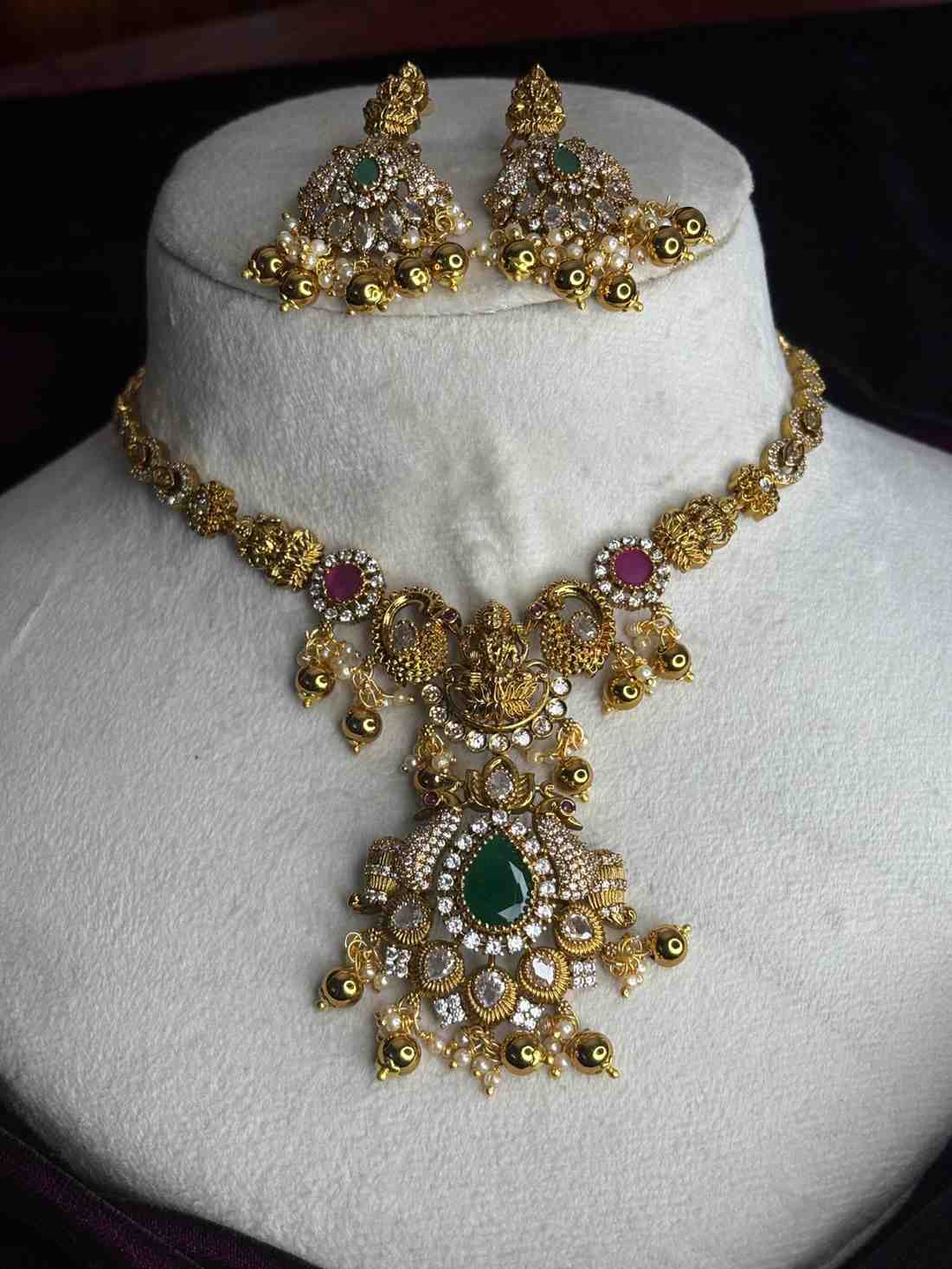 Premium Quality Stone Necklace with Lakshmi Designed with Emerald ruby ad stones on it  N0195-CE95