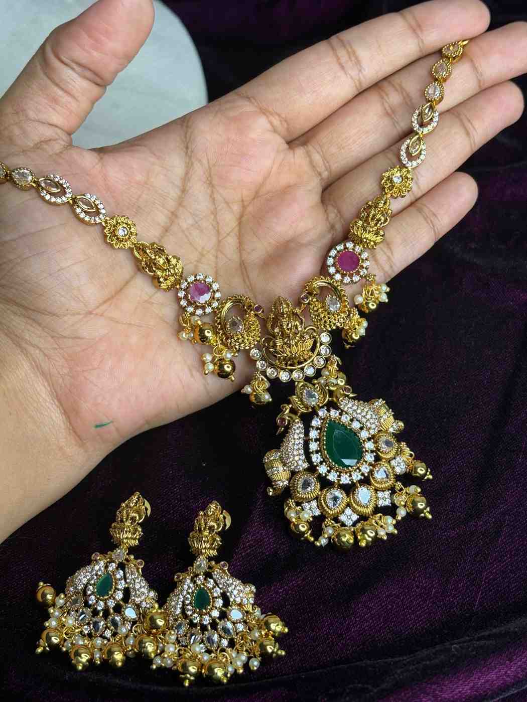 Premium Quality Stone Necklace with Lakshmi Designed with Emerald ruby ad stones on it  N0195-CE95