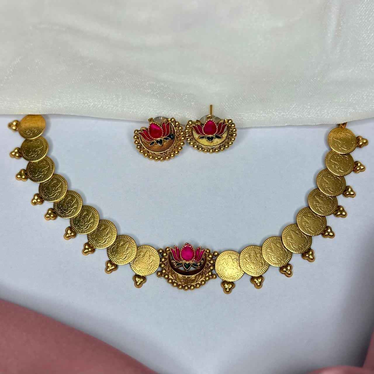 Coin Necklace with Lotus Motif Matte Finish N0029-CO24