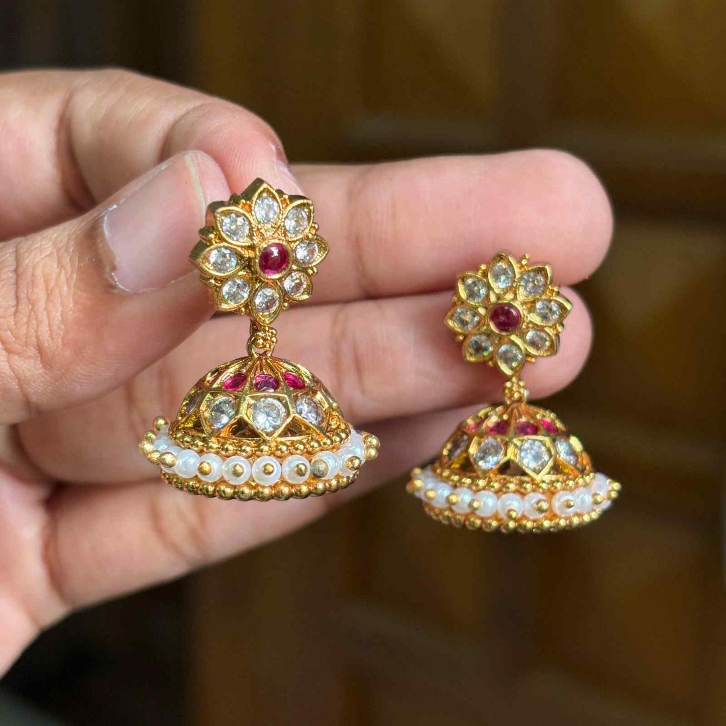 J0088 Traditional White Stone Small Size Floral Jhumka