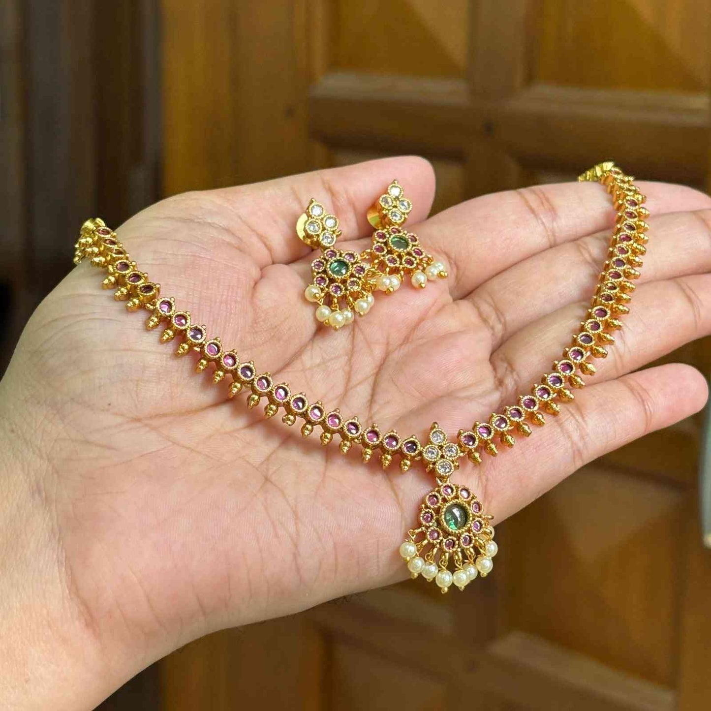 N0201 Nithya Menen inspired kemp Stone Attigai Necklace