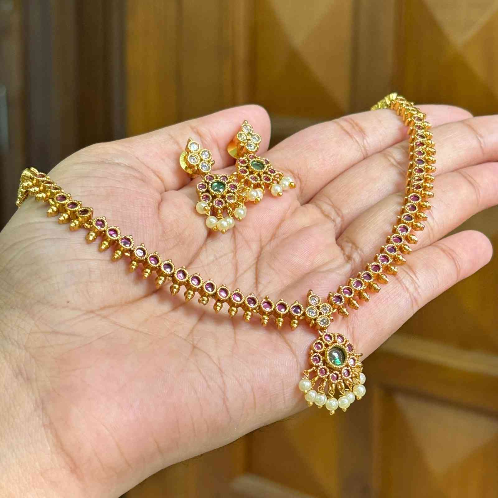 N0201 Nithya Menen inspired kemp Stone Attigai Necklace