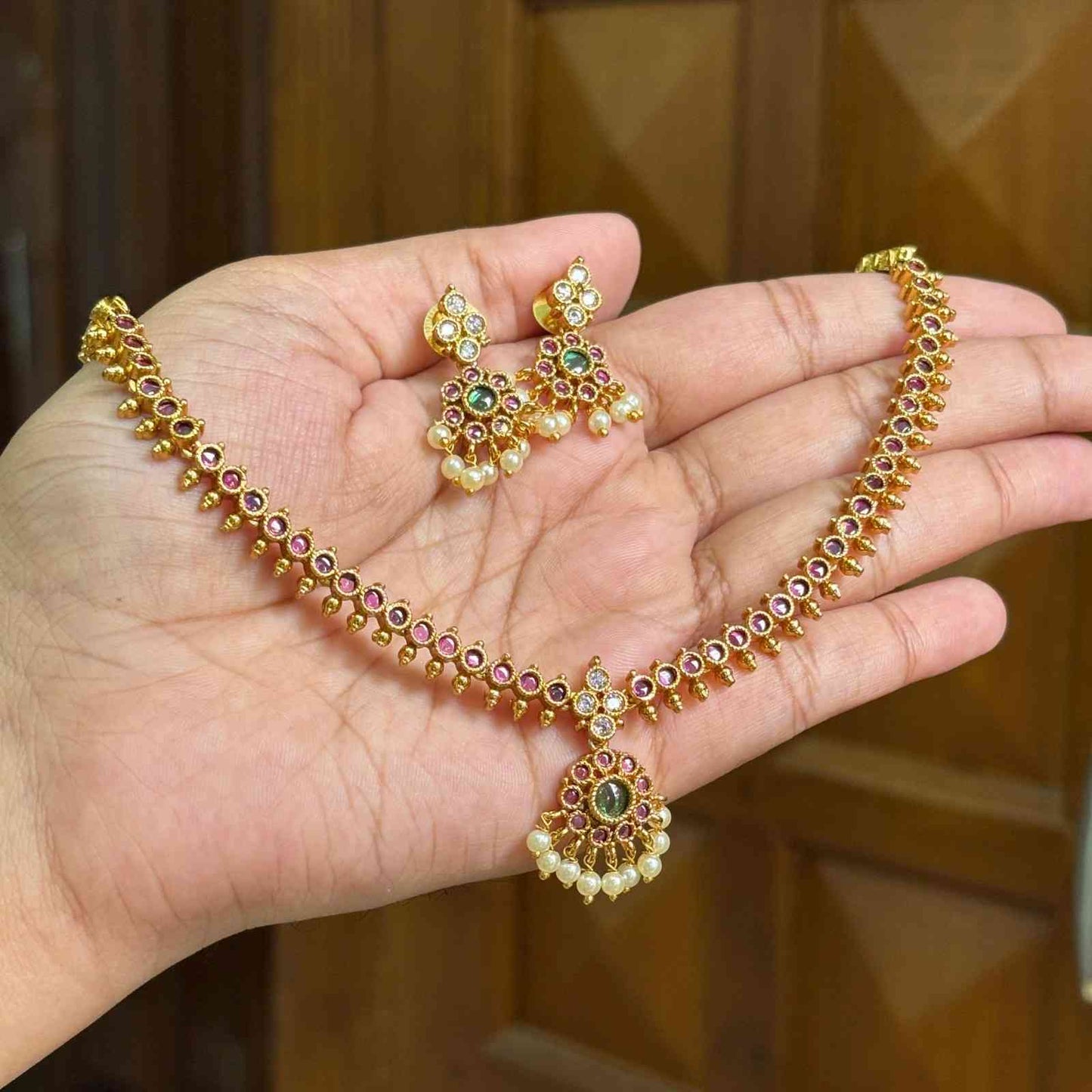 N0201 Nithya Menen inspired kemp Stone Attigai Necklace