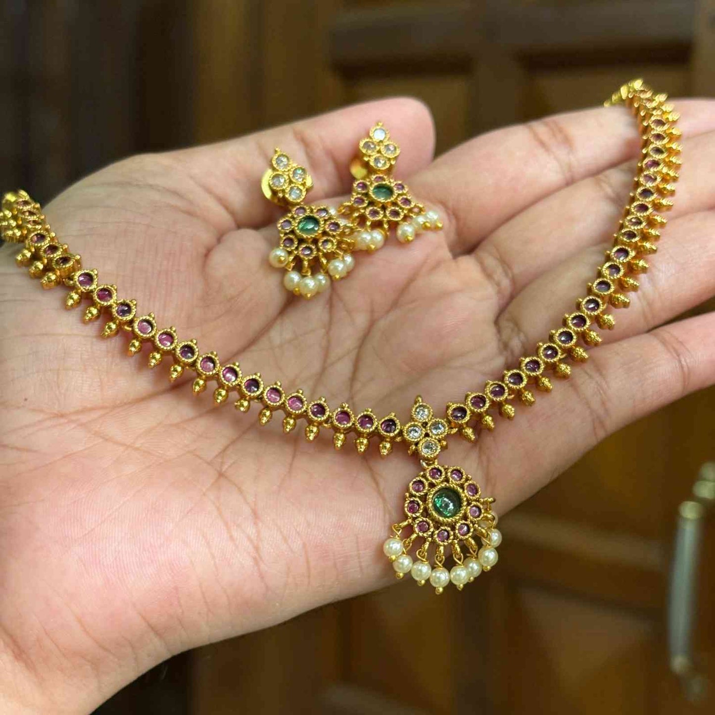 N0201 Nithya Menen inspired kemp Stone Attigai Necklace