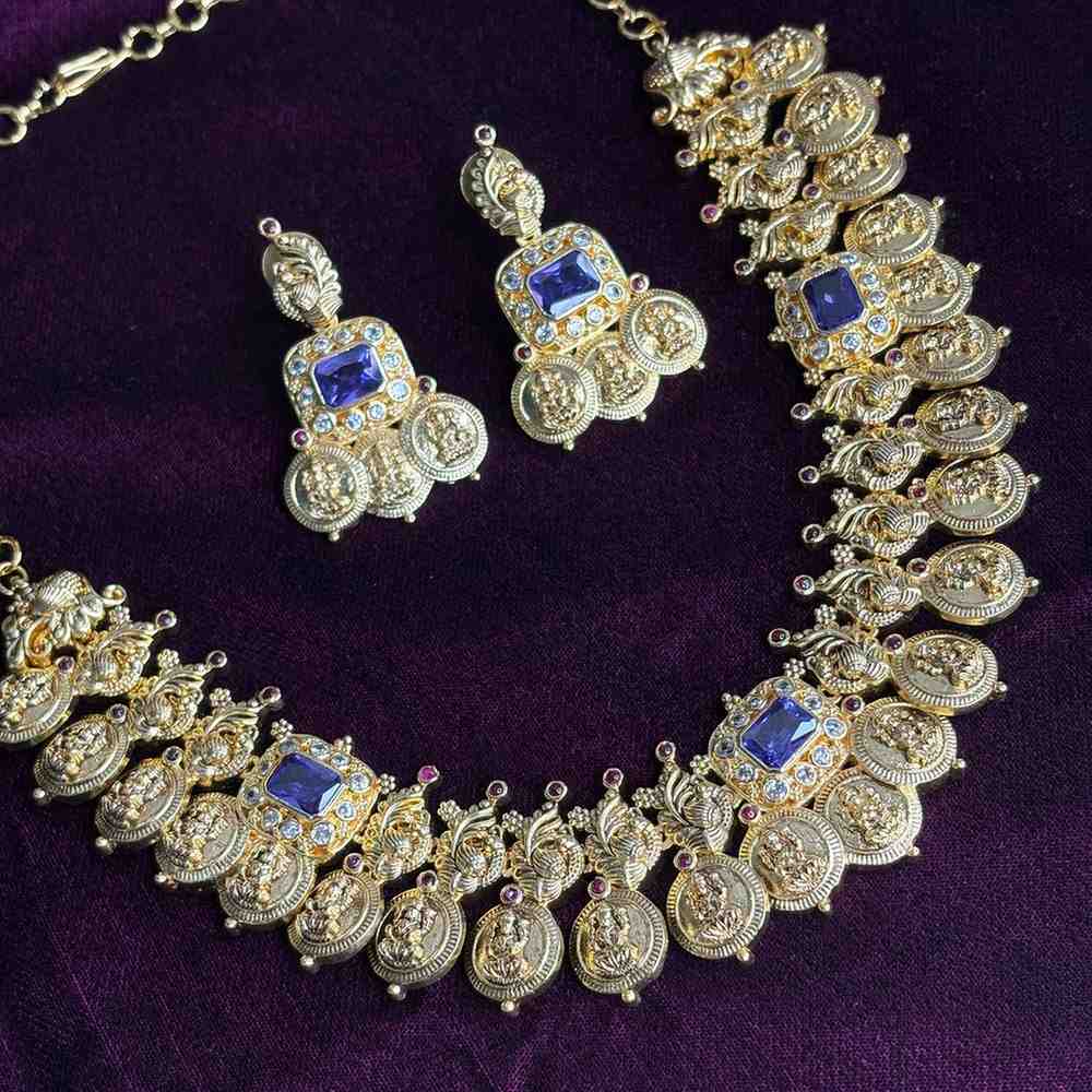 N0203 Premium Quality Lakshmi Coin Necklace  Kasumala with sapphire stone