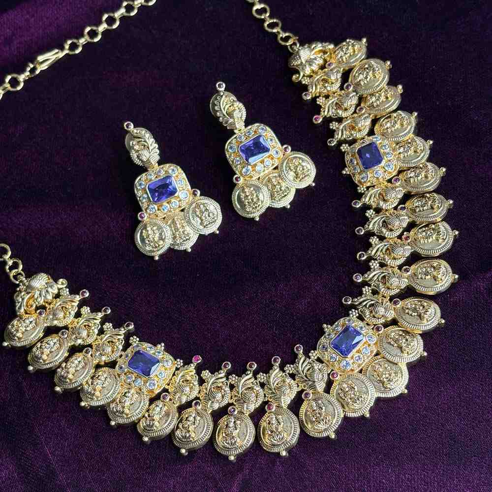 N0203 Premium Quality Lakshmi Coin Necklace  Kasumala with sapphire stone