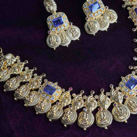 N0203 Premium Quality Lakshmi Coin Necklace  Kasumala with sapphire stone