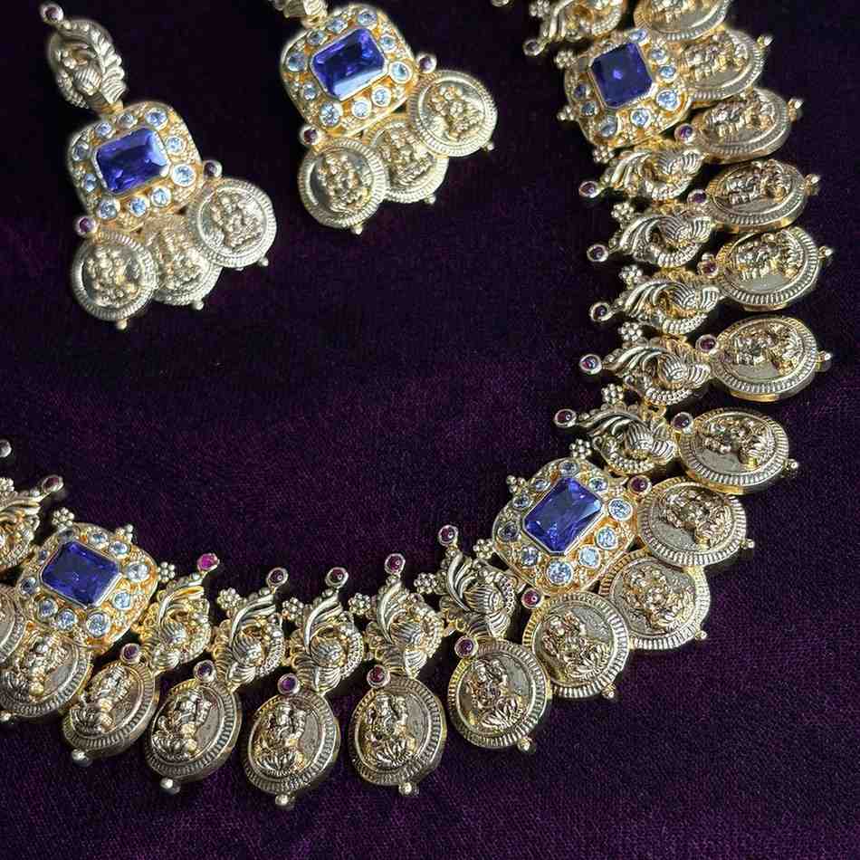 N0203 Premium Quality Lakshmi Coin Necklace  Kasumala with sapphire stone