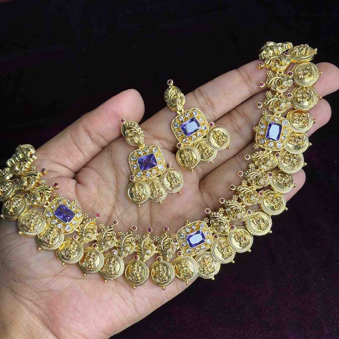 N0203 Premium Quality Lakshmi Coin Necklace  Kasumala with sapphire stone