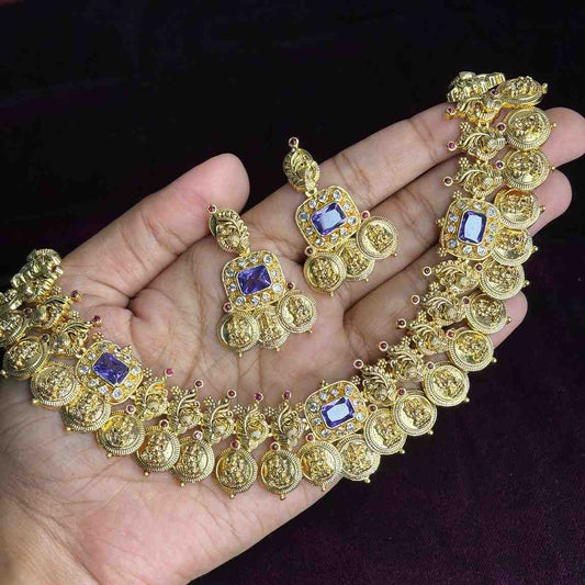 N0203 Premium Quality Lakshmi Coin Necklace  Kasumala with sapphire stone