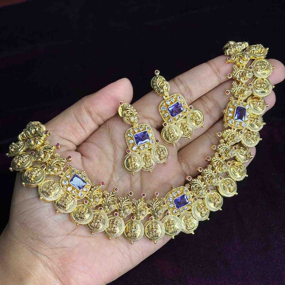 N0203 Premium Quality Lakshmi Coin Necklace  Kasumala with sapphire stone